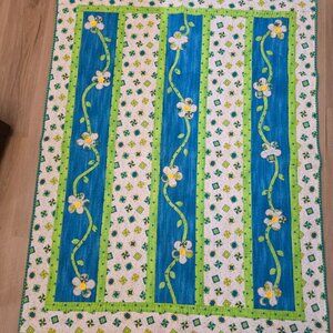 Handmade Child Floral Quilt Blue & Green Stripes Garden Yellow Button Accents